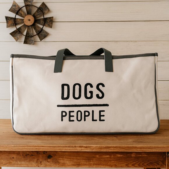 “Dogs Over People” Large Canvas Tote Bag – Neutral Farmhouse Style - Picture 1 of 6